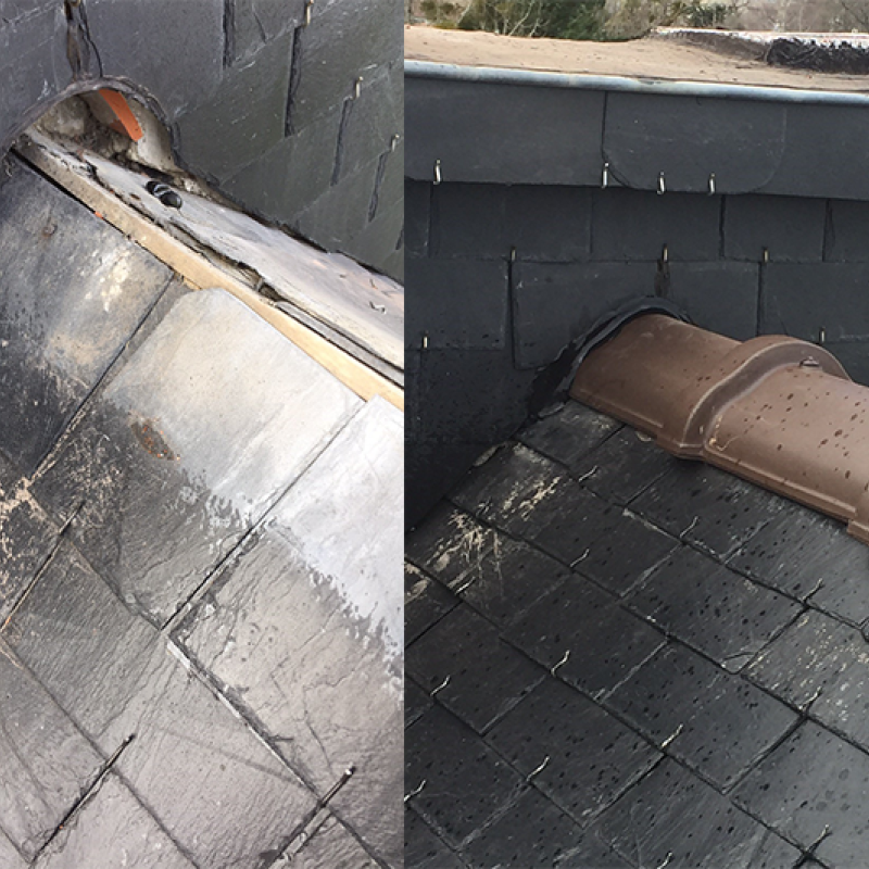 Vérification et réparation du faîtage avec remplacement d’ardoises